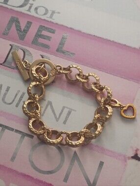 ❤️SPARTINA HEART CHARM PINK RHINESTONES GOLD LINKS BRACELET 7 1/2"